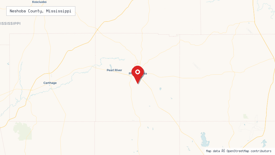 Street map of Neshoba County, Mississippi with location pin
