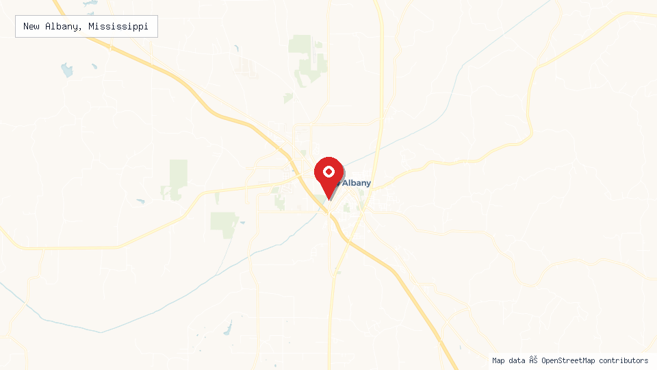 Street map of New Albany, Mississippi with location pin