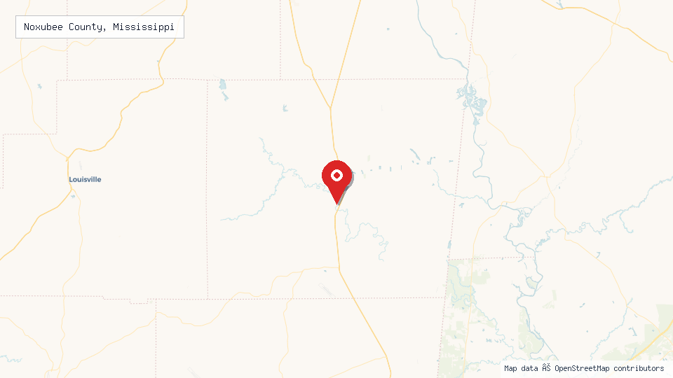 Street map of Noxubee County, Mississippi with location pin