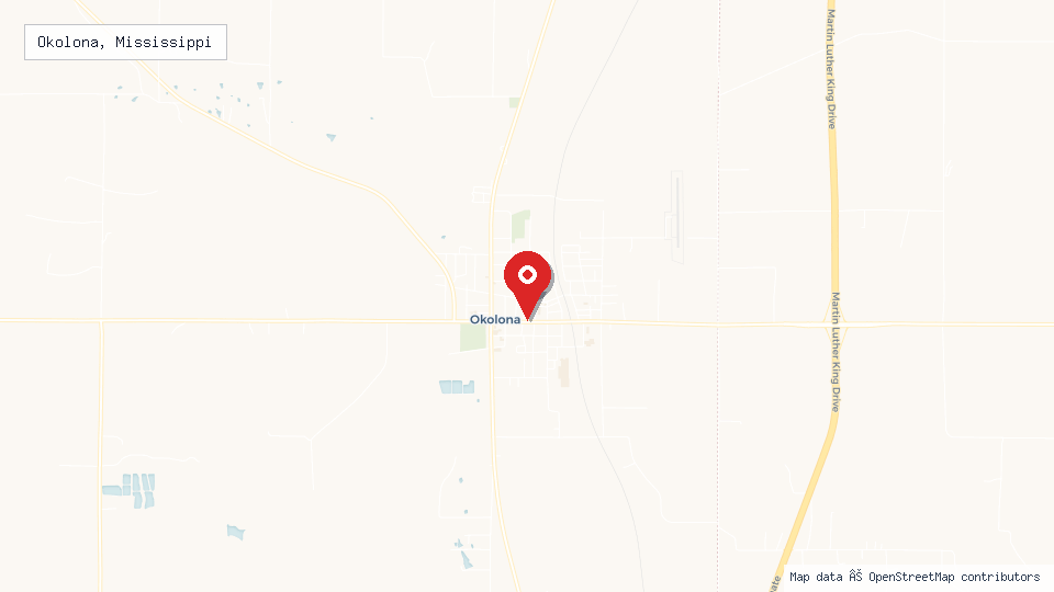 Street map of Okolona, Mississippi with location pin