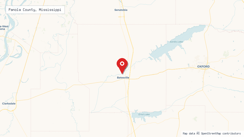 Street map of Panola County, Mississippi with location pin