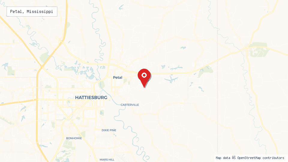 Street map of Petal, Mississippi with location pin