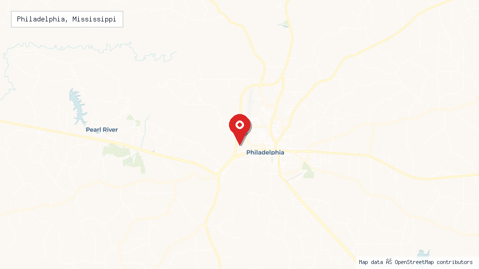 Street map of Philadelphia, Mississippi with location pin