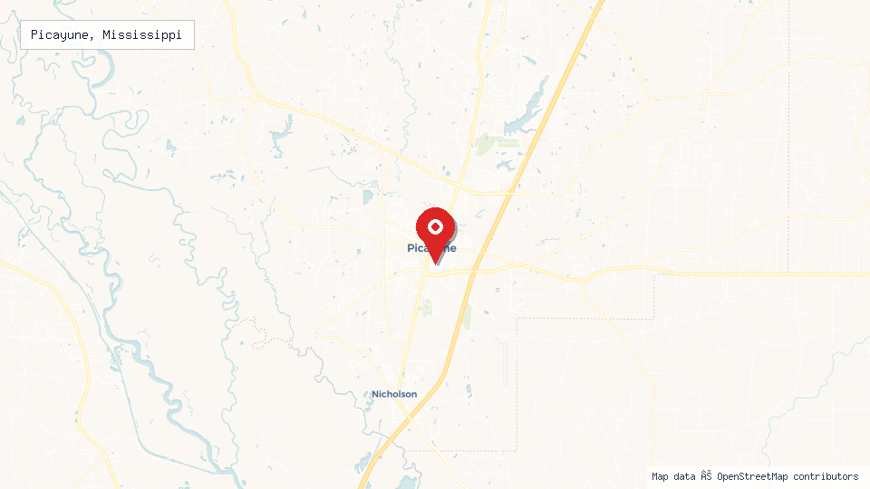 Street map of Picayune, Mississippi with location pin