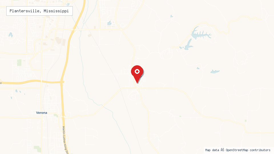 Street map of Plantersville, Mississippi with location pin