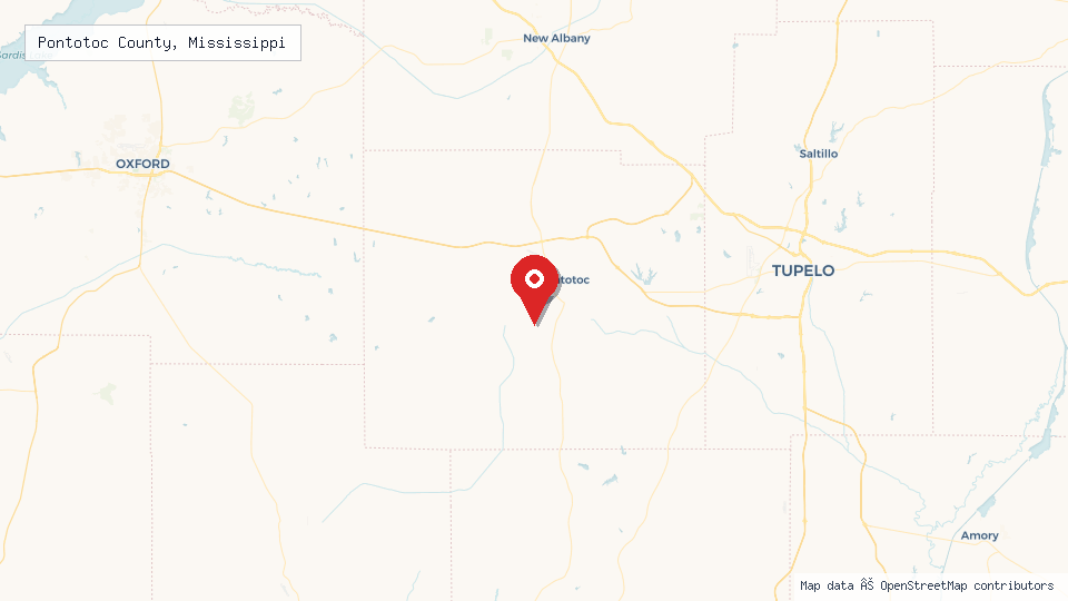 Street map of Pontotoc County, Mississippi with location pin