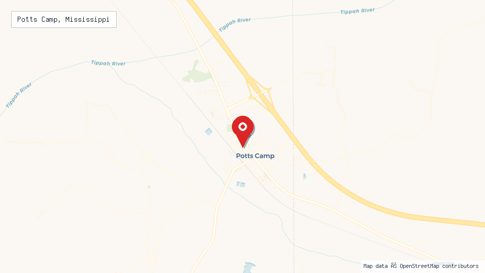 Street map of Potts Camp, Mississippi with location pin