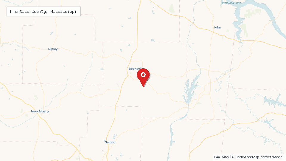Street map of Prentiss County, Mississippi with location pin