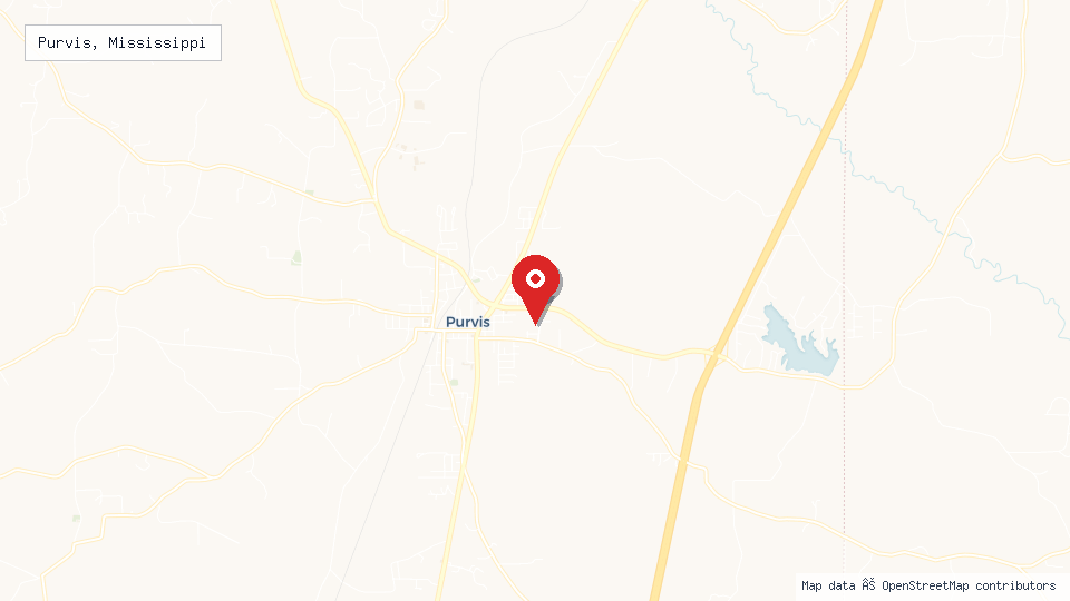 Street map of Purvis, Mississippi with location pin