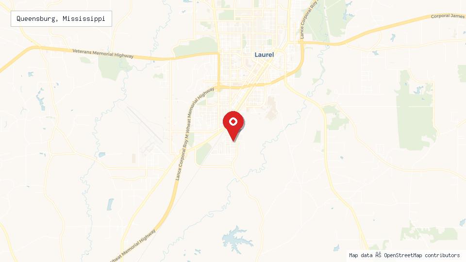 Street map of Queensburg, Mississippi with location pin