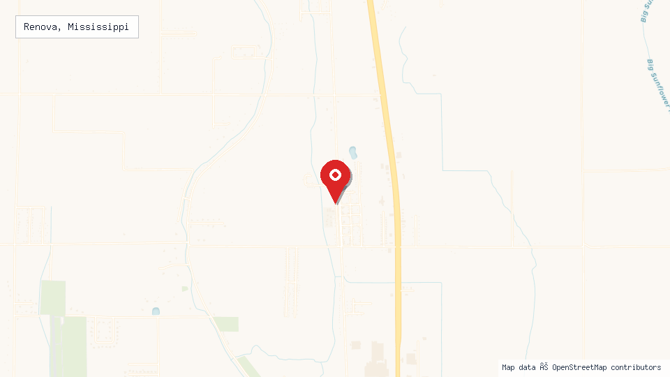 Street map of Renova, Mississippi with location pin
