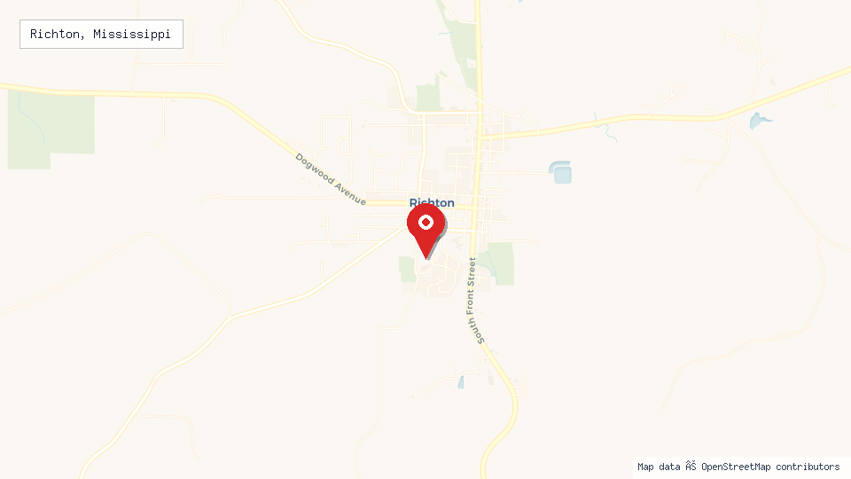 Street map of Richton, Mississippi with location pin