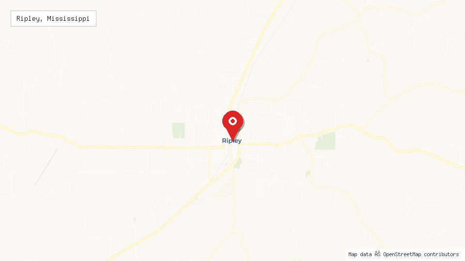 Street map of Ripley, Mississippi with location pin