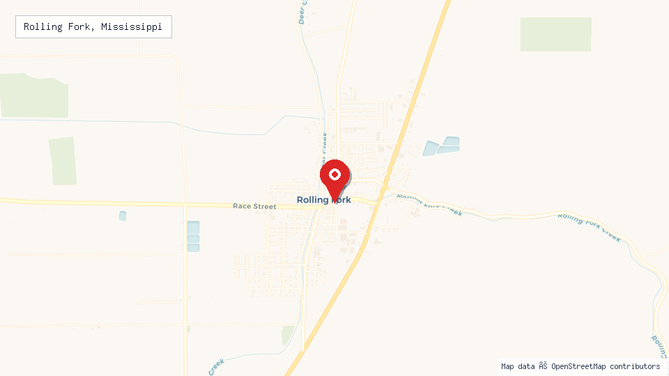 Street map of Rolling Fork, Mississippi with location pin