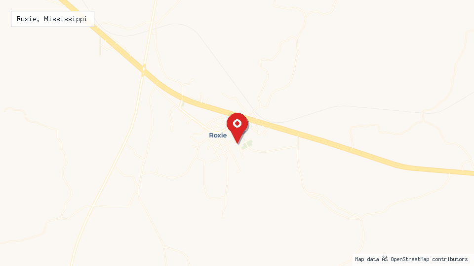 Street map of Roxie, Mississippi with location pin