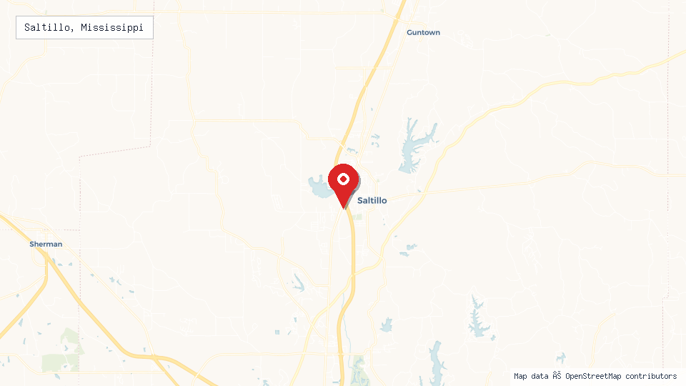 Street map of Saltillo, Mississippi with location pin