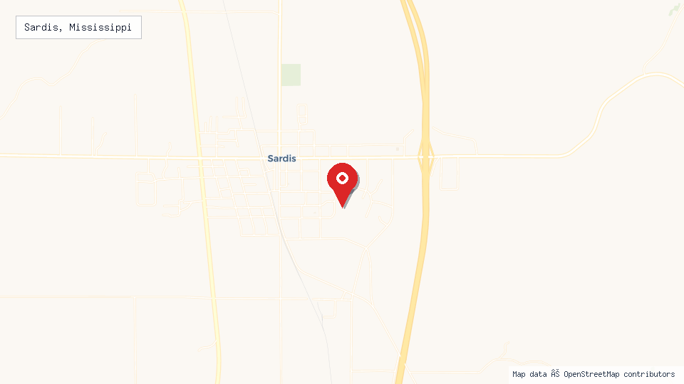 Street map of Sardis, Mississippi with location pin