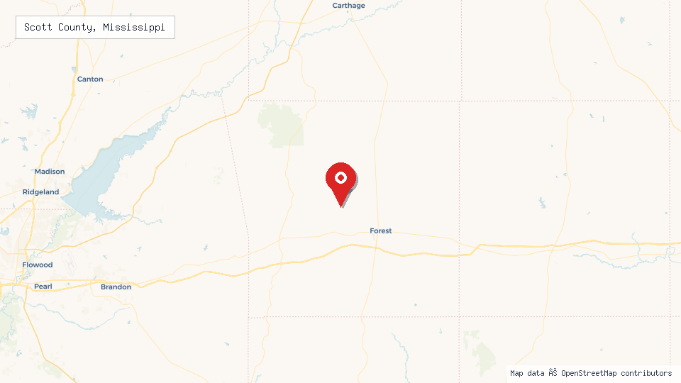 Street map of Scott County, Mississippi with location pin