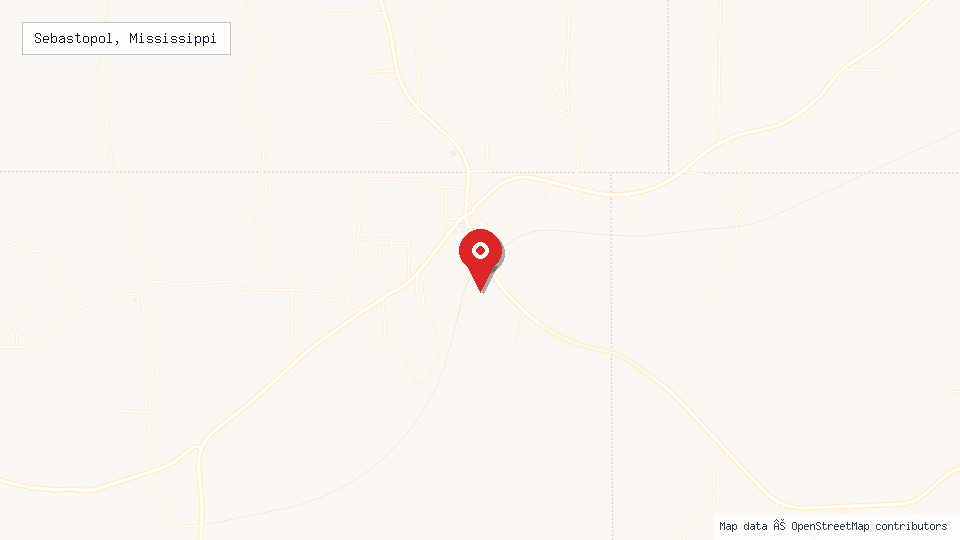 Street map of Sebastopol, Mississippi with location pin