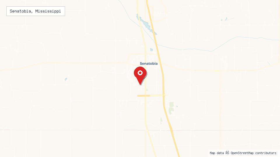 Street map of Senatobia, Mississippi with location pin