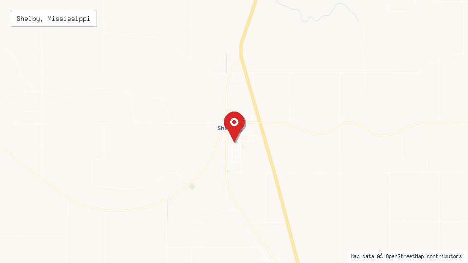 Street map of Shelby, Mississippi with location pin