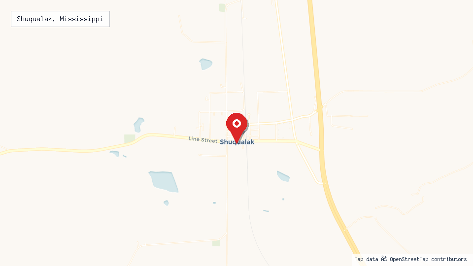 Street map of Shuqualak, Mississippi with location pin