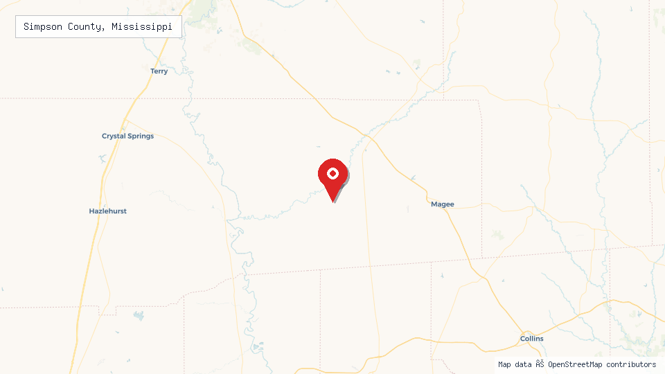 Street map of Simpson County, Mississippi with location pin