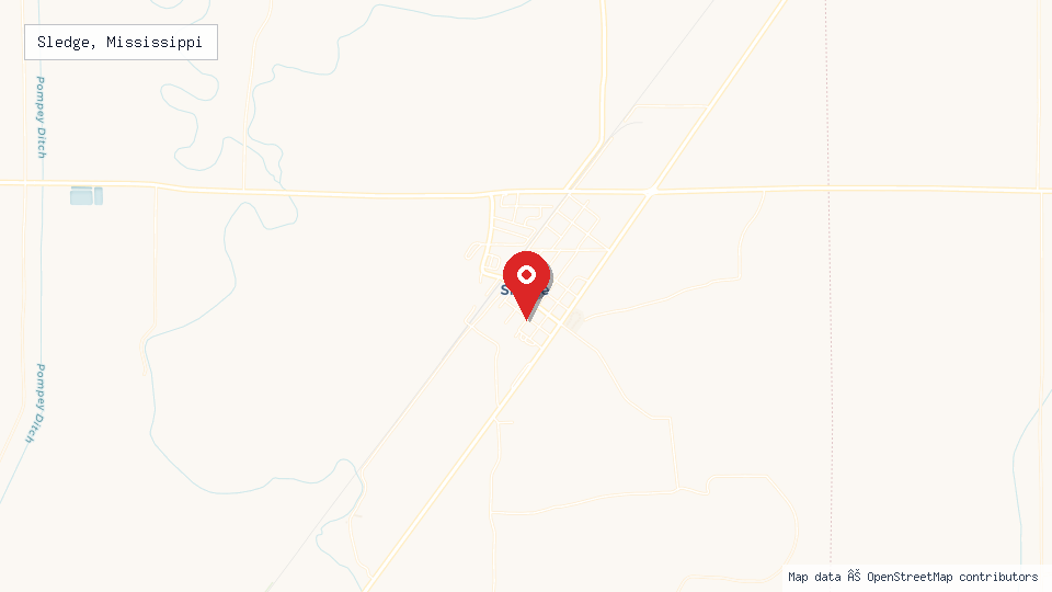 Street map of Sledge, Mississippi with location pin