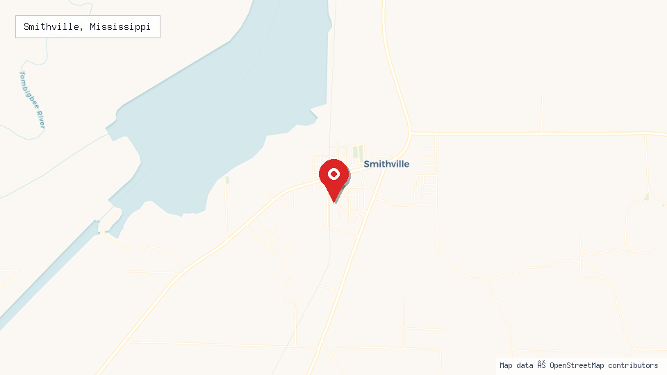 Street map of Smithville, Mississippi with location pin