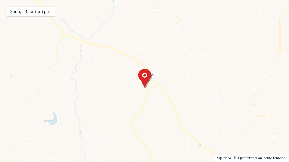 Street map of Soso, Mississippi with location pin