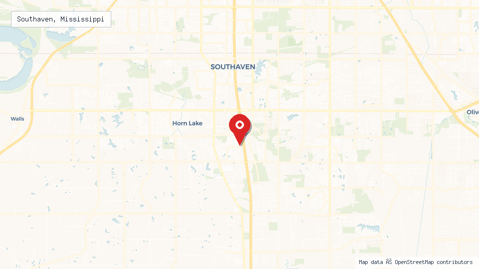 Street map of Southaven, Mississippi with location pin