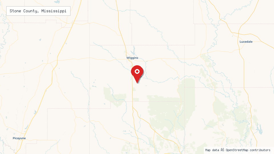 Street map of Stone County, Mississippi with location pin