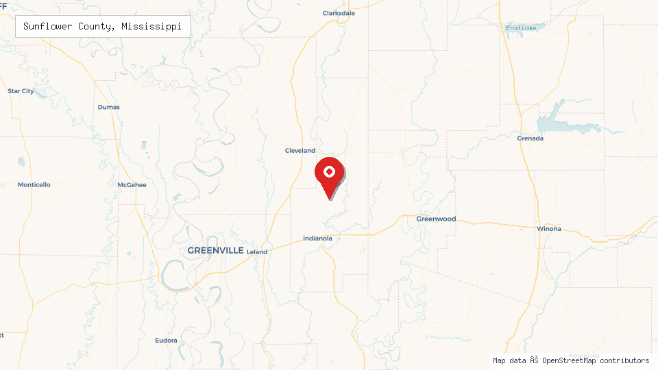 Street map of Sunflower County, Mississippi with location pin