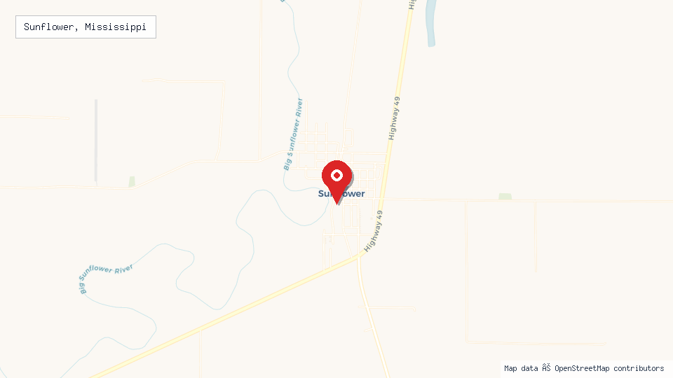 Street map of Sunflower, Mississippi with location pin