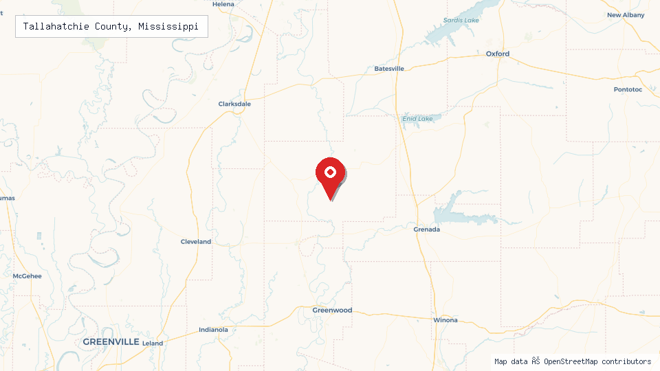 Street map of Tallahatchie County, Mississippi with location pin