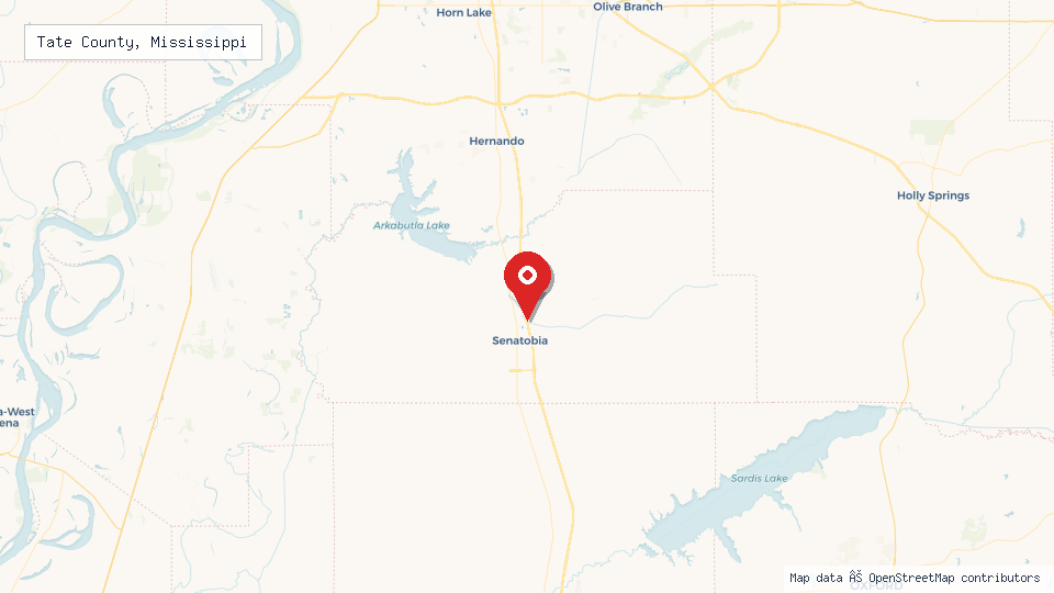 Street map of Tate County, Mississippi with location pin