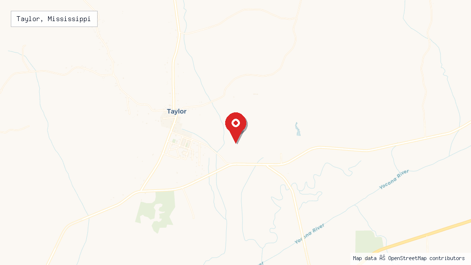 Street map of Taylor, Mississippi with location pin