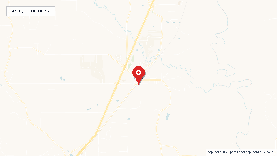 Street map of Terry, Mississippi with location pin