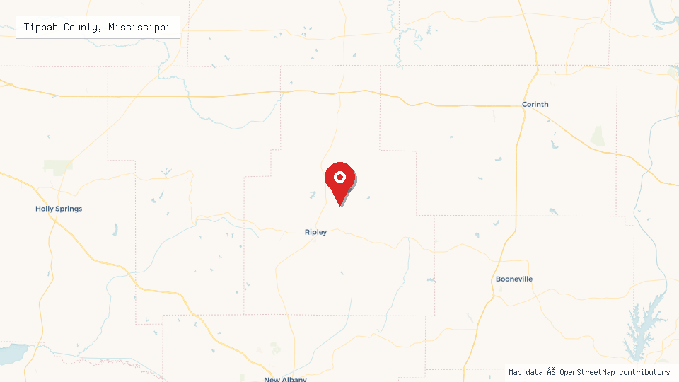 Street map of Tippah County, Mississippi with location pin
