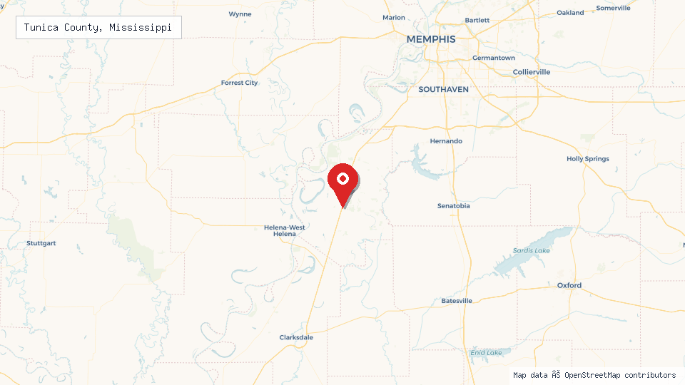 Street map of Tunica County, Mississippi with location pin