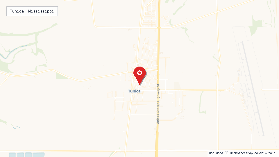 Street map of Tunica, Mississippi with location pin