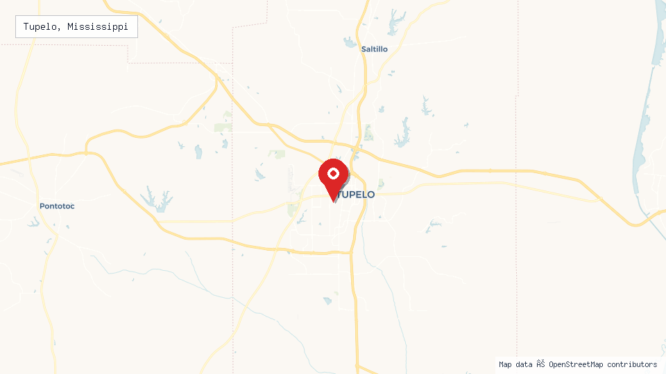 Street map of Tupelo, Mississippi with location pin
