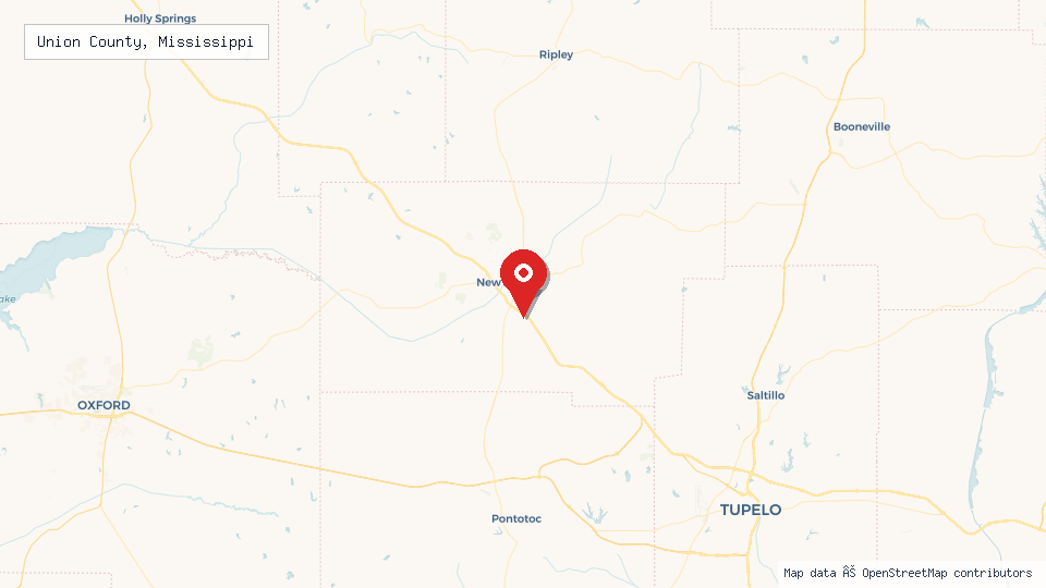 Street map of Union County, Mississippi with location pin