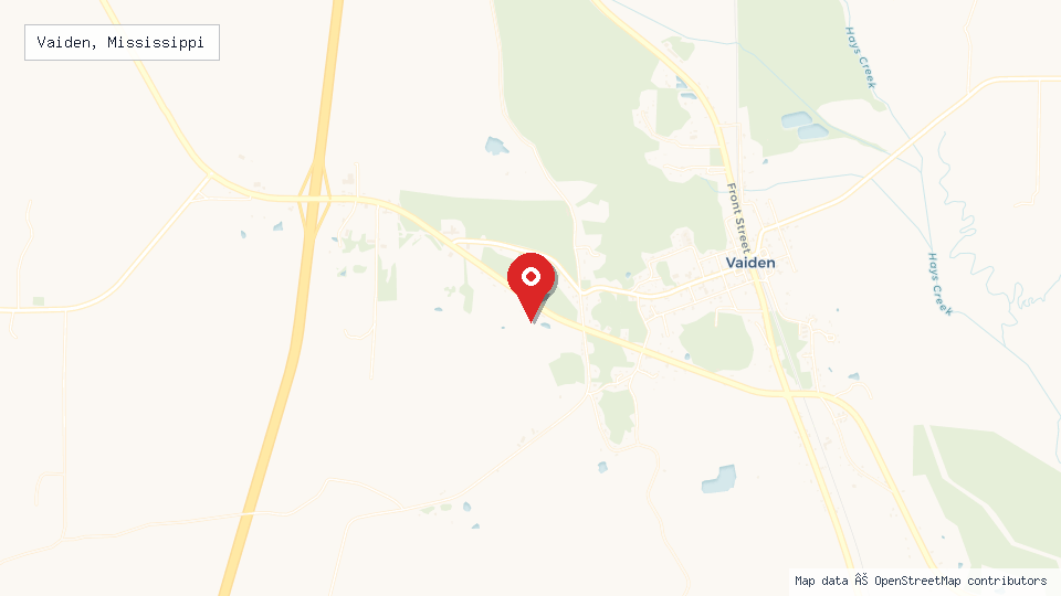 Street map of Vaiden, Mississippi with location pin