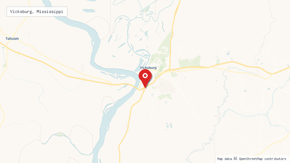 Street map of Vicksburg, Mississippi with location pin