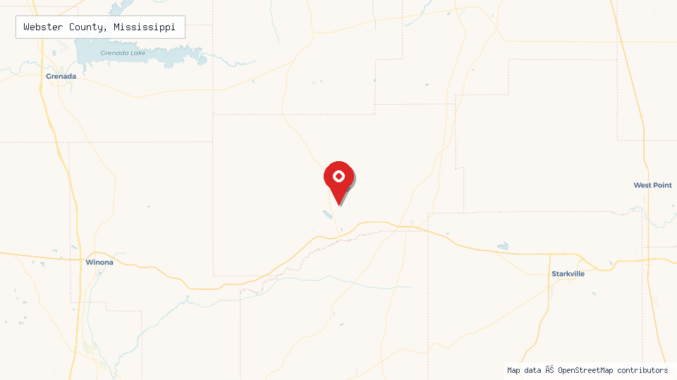 Street map of Webster County, Mississippi with location pin
