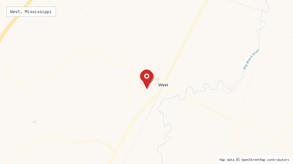 Street map of West, Mississippi with location pin
