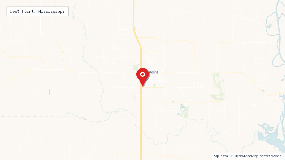 Street map of West Point, Mississippi with location pin
