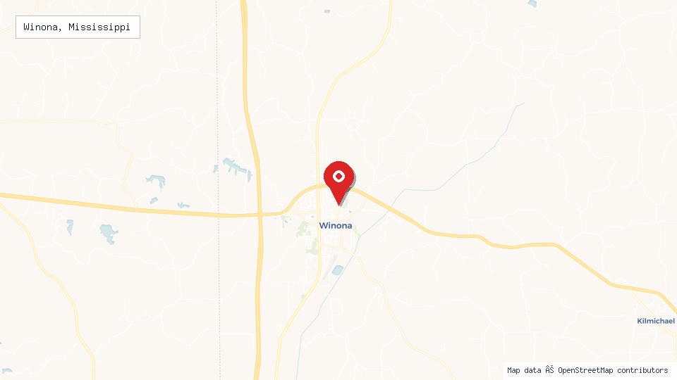Street map of Winona, Mississippi with location pin