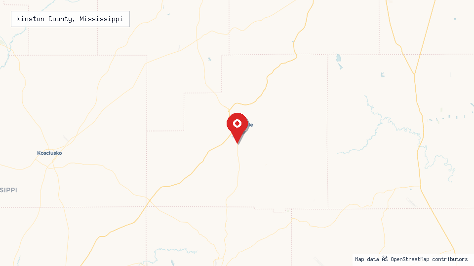 Street map of Winston County, Mississippi with location pin